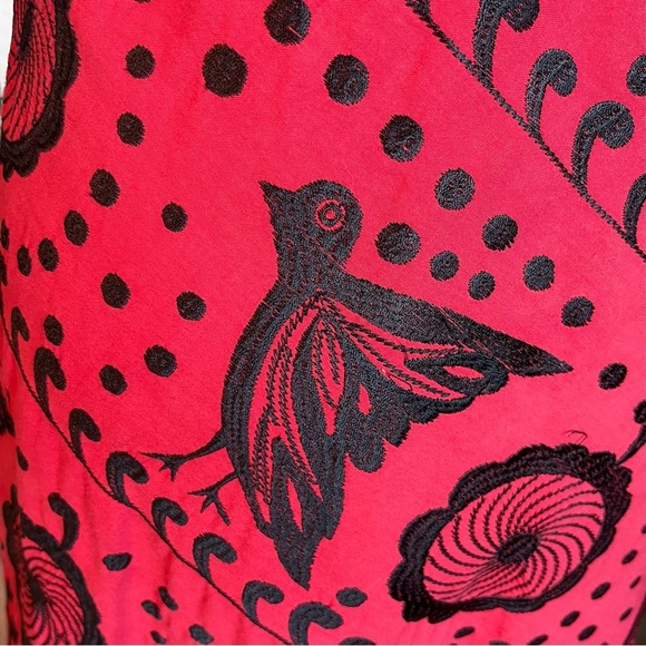 Anthropologie La La Lame Red Embroidered Cotton Dress with Birds Pockets Small - Picture 8 of 9
